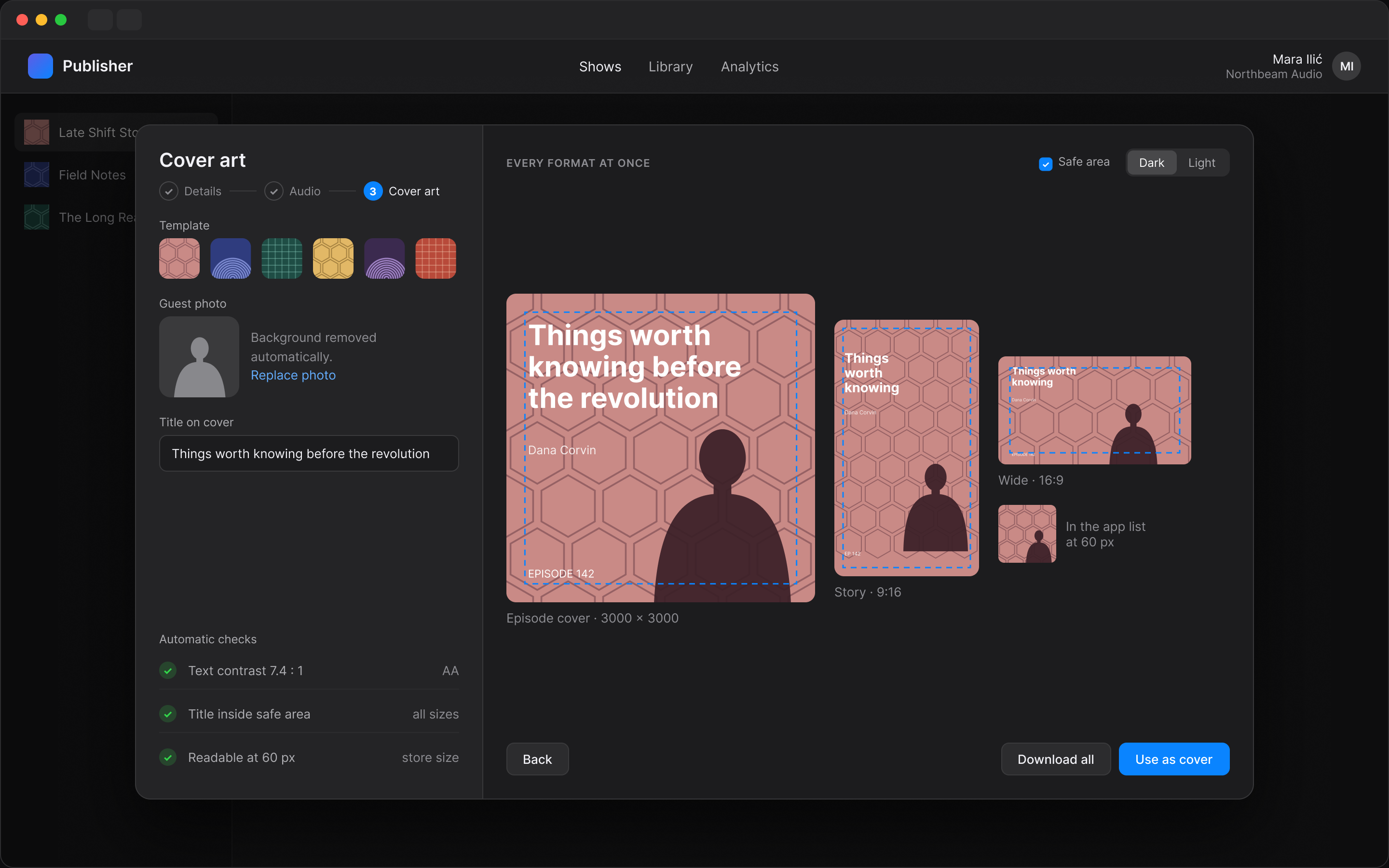 Cover art builder showing every format at once with automatic checks