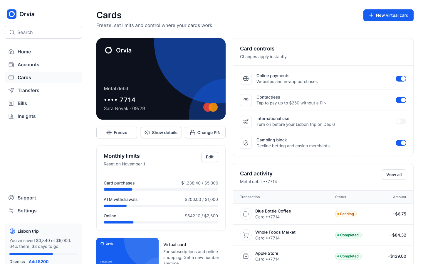 Cards: the metal card with freeze, details and PIN, monthly limits and instant card controls