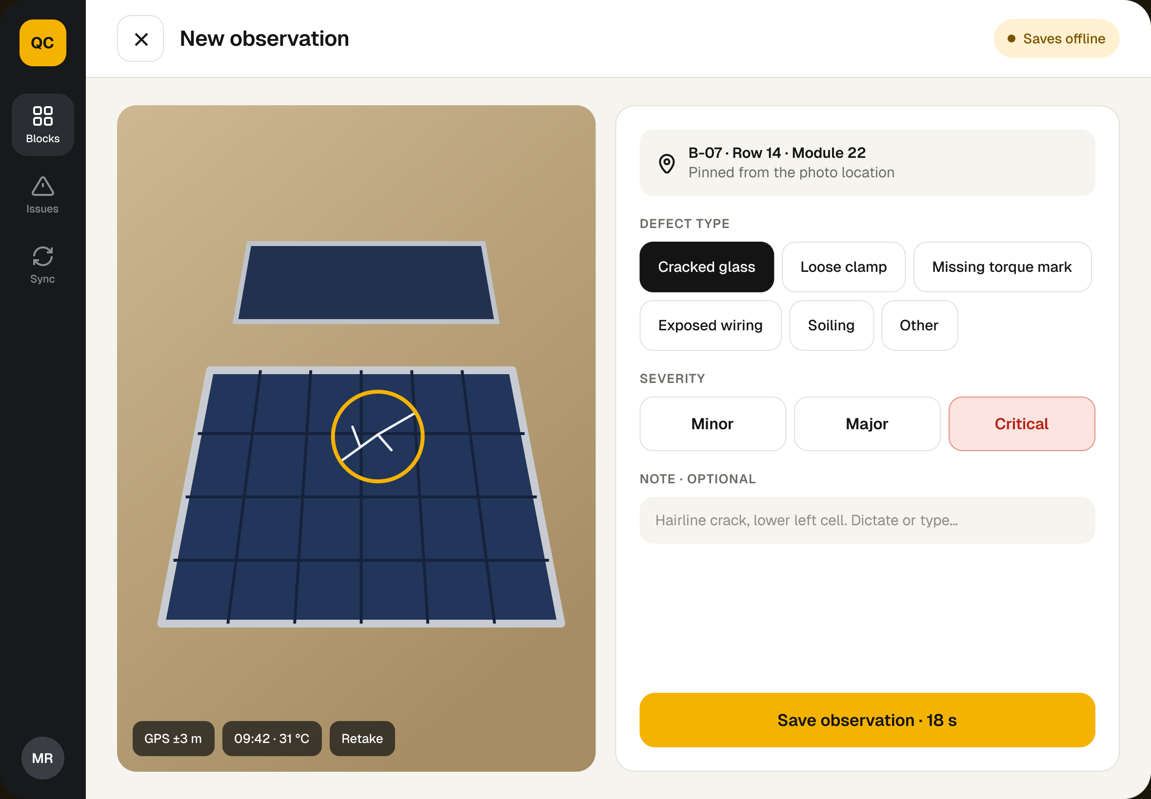 Raise a new observation with photo, defect type and severity