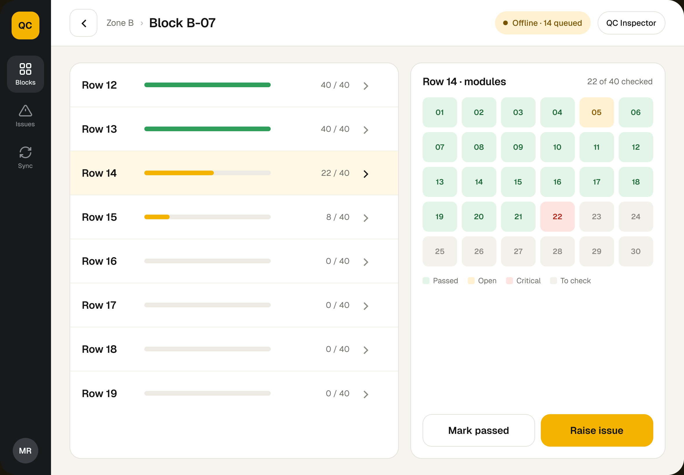 Block B-07 with rows on the left and the module grid of row 14 on the right